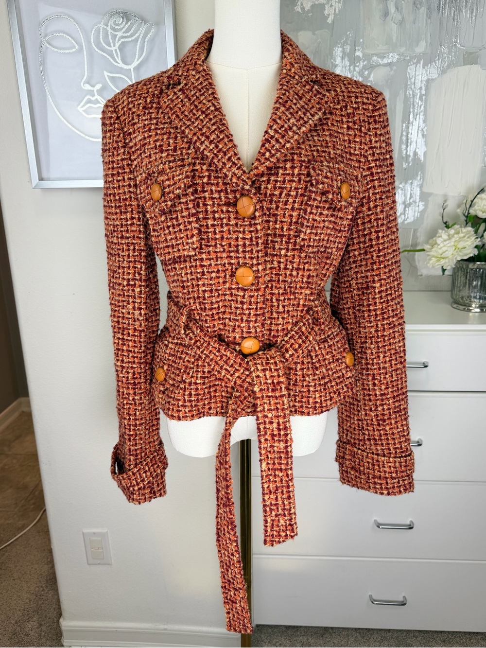 BCBGMaxAzria Orange & Brown Tweed Belted Blazer Jacket